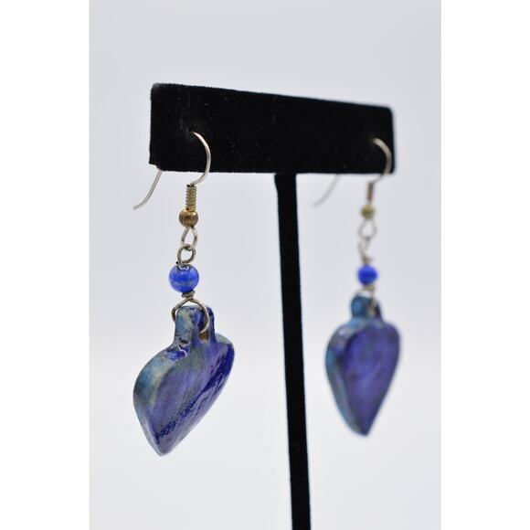 Vintage Heart Earrings Blue Painted Porcelain Dangle Valentine's 1980s Bin8 - Picture 4 of 8
